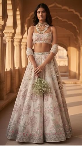 Kuber Enterprise Women's Semi-Stitched Sequence,Thread Embroidery Work Georgette Lehenga Choli With Georgette Dupatta(CREAM_V3-029)