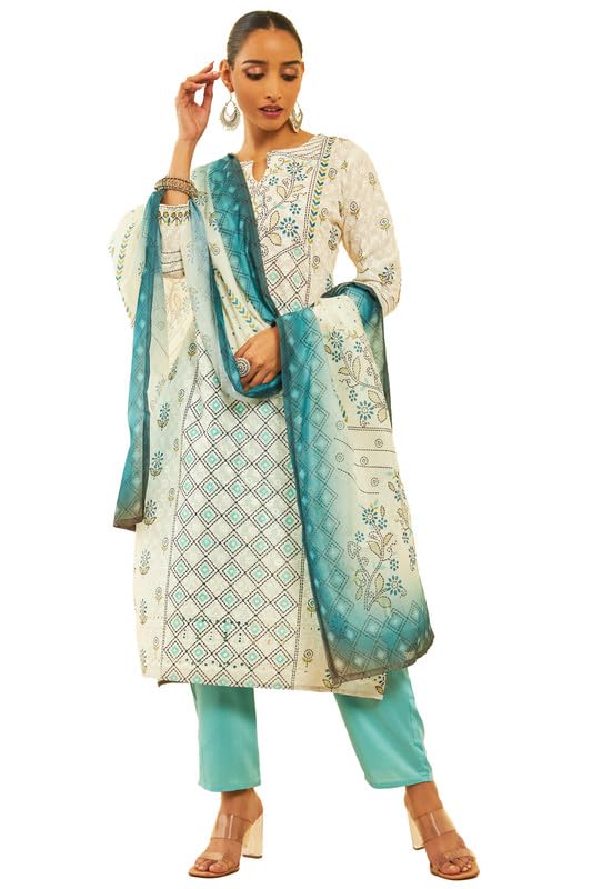 Soch Womens Cream Cotton Blend Print With Embroidered Suit Set With Schiffli