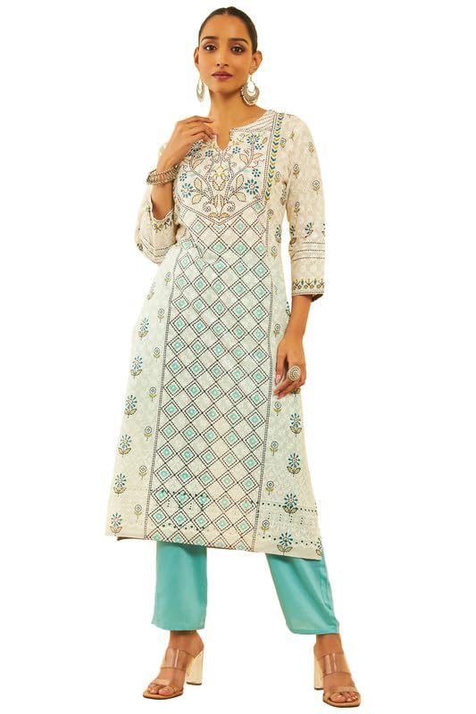 Soch Womens Cream Cotton Blend Print With Embroidered Suit Set With Schiffli