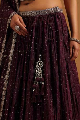 Soch Womens Wine Chinon Floral Lehenga Choli Set With Stone Work