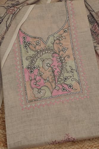 Soch Womens Beige Linen Blend Botanical Print Unstitched Dress Material With Thread Work