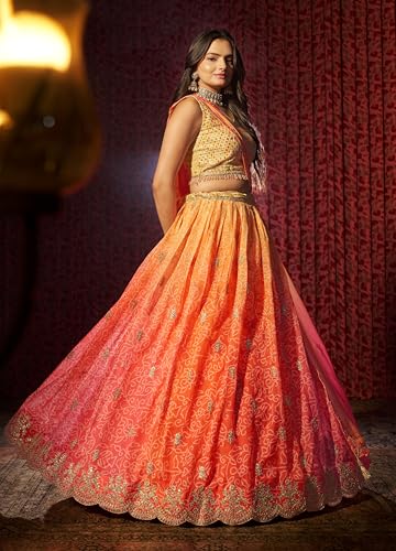 AG Clothing Women's Organza Semi Stitched Lehenga Choli With Dupatta | BAndhani Digital Print With Sequin Embroidery Pattern | Traditional, Wedding, Ethnic Wear Lehenga (AD-SV2-Orange)