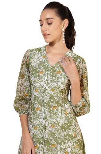 Janasya Women's Olive Georgette Floral Printed A-Line Dress(JNE4347-DR-S)