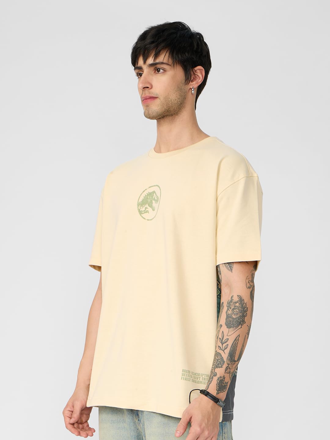 The Souled Store Jurassic World: Dino Park Men and Boys Short Sleeves Round Neck Off White Graphic Printed Cotton Oversized T-Shirts