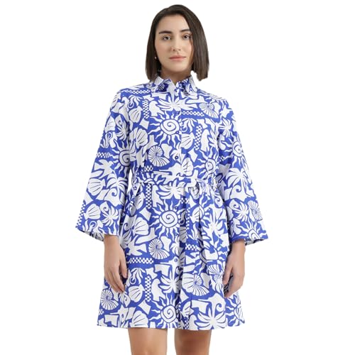 United Colors of Benetton Regular Fit Spread Collar Printed Dress (Size : XS) - 26P4WVNDR318I901 Blue