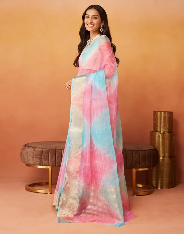 SIRIL Women's Organza Jacquard Saree | Woven Zari Stripe Saree With Unstitched Blouse Piece (3644S429A_Blue & Pink)