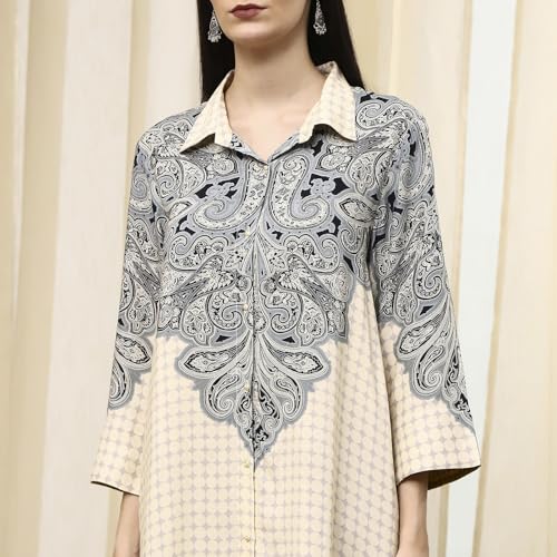 BIBA Women Ivory Printed Shirt-Style Straight Short Kurta_40