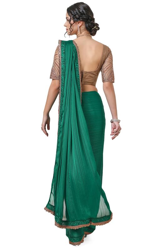 Soch Womens Green Chiffon Striped Saree with Copper Lace Border