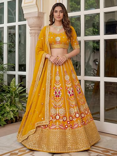 Zeel Clothing Women's Sequins Thread Embroidered Georgette Lehenga Choli With Dupatta (6008-Yellow-Women-New-Lehenga-Choli; Free Size) (Yellow)