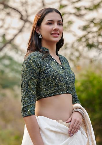 S SALWAR STUDIO Blue Ajrakh Pure Cotton Printed Readymade Blouse