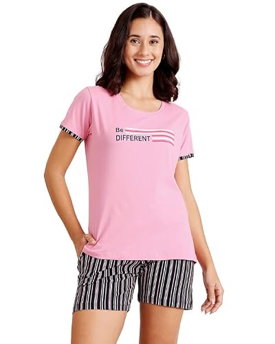 BODYCARE Women's Cotton Printed T-Shirt and Shorts Set | Soft & Breathable Nightwear | Short Sleeves | Loungewear Co-Ord Set | BSSS17025_100 Multicolour