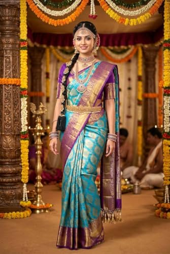 VFCollections Women's Traditional Handloom Kanchipuram Silk Pure Pattu Sarees | Royal Border | Unstitched Blouse