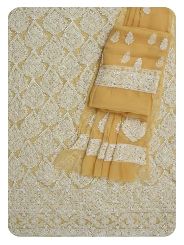 Ada Hand Embroidered Lucknowi Chikankari Unstitched Georgette Dress Material Suit Piece with Dupatta for Women 01A835660 Fawn