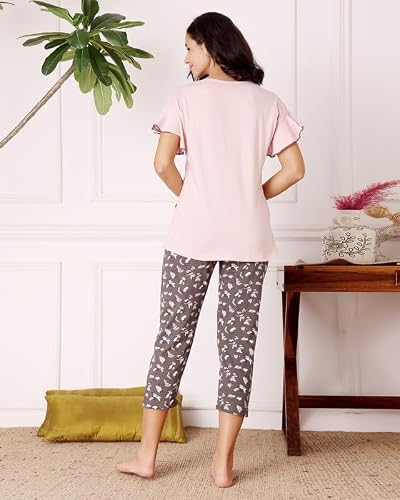 BODYCARE Women's Cotton Printed T-Shirt and Capri Set | Soft & Breathable Nightwear | Short Sleeves | Loungewear Co-Ord Set| BSCS16034_100 Multicolour