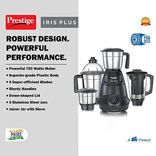 Prestige Iris 750 Watt Mixer Grinder with 4 Jars (3 Stainless Steel + 1 Juicer) | Super Efficient SS Blades | Black | 2Y Warranty | ISI Certified