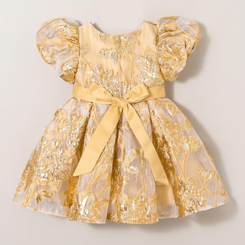 Hopscotch Girls Gold Short Sleeves Floral Textured Dress for Age (18-21 Months)