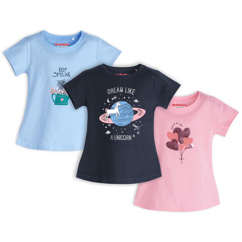 Real Basics Cotton Regular Fit Half Sleeve Cotton T-Shirts for Girls Pack of 3 (RB-G-HTop-P3-78-KEPSMILNG_SATRN_BOQUE)