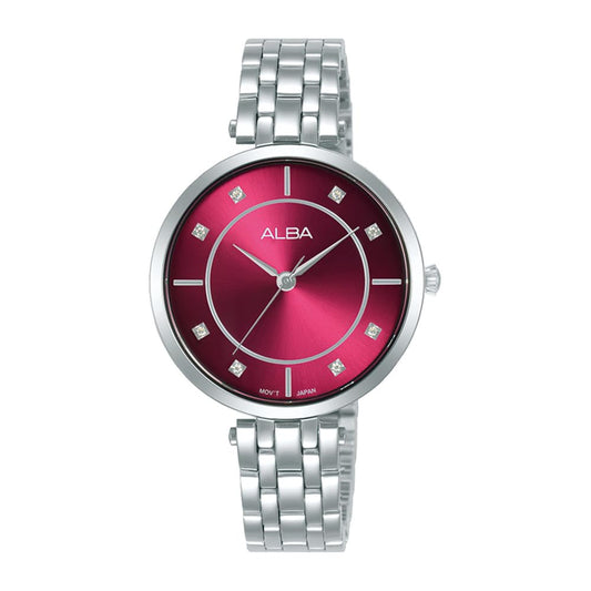 Alba Stainless Steel Women Analog Wristwatch Arx085X1, Red Dial, Silver Band