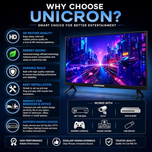 UNICRON 24 Inch HD LED TV Non Smart 20W Sound Output, Premuim Slim Design Crystal Clear Display with HDMI & USB Ports, Ideal for Home, Office & Monitor Security More(Black)