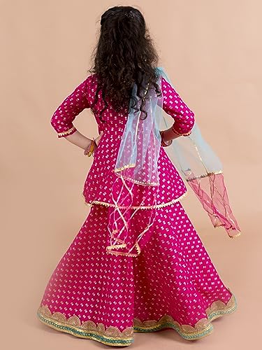 Pspeaches Cotton Girls Magenta Blue Printed Ready To Wear Readymade Lehenga Set (Pink-10-12Y), 10 Years-12 Years
