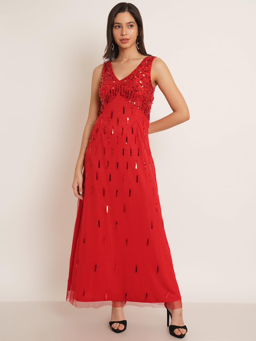 9 Impression Women Embellished V-Neck Maxi Gown (Red; S)