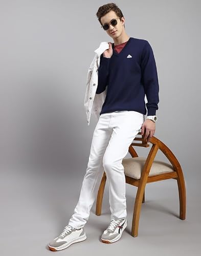 Monte Carlo Navy Solid V Neck Pullover | Warm Woolen Pullover for Men | Soft Comfortable Knitted Winter Wear Sweater for Men's