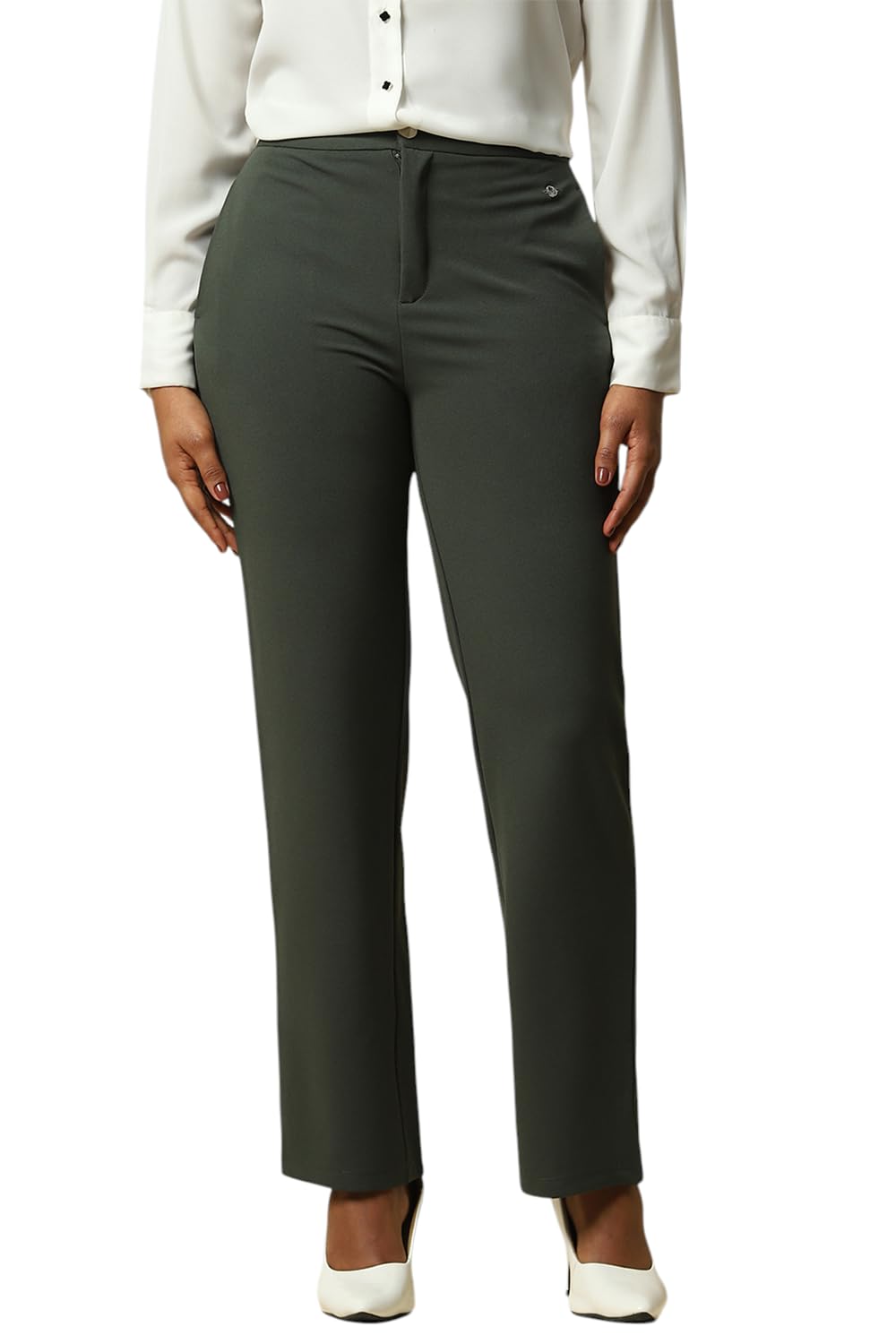 Women Olive Regular Fit Solid Formal Trousers