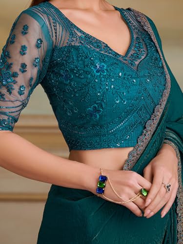AKHILAM Women's Teal green Georgette Embellished Saree With Unstitched Blouse Piece (SALSA8102_TFH)