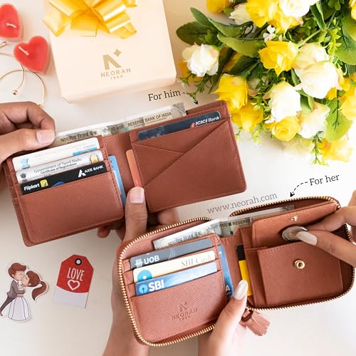NEORAH — Couples Gift Set Vegan Leather Men's Wallet & Women’s Card Wallet + Coin Compartment - Men’s Wallet | Card Wallet - Birthday, Anniversary, Wedding Day, Valentine's Day Gift (Brown)
