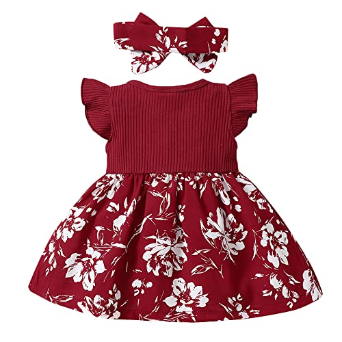 Hopscotch Girls Floral Print Knee-Length Casual Dress With Headband In Red Color For Ages 9-12 Months