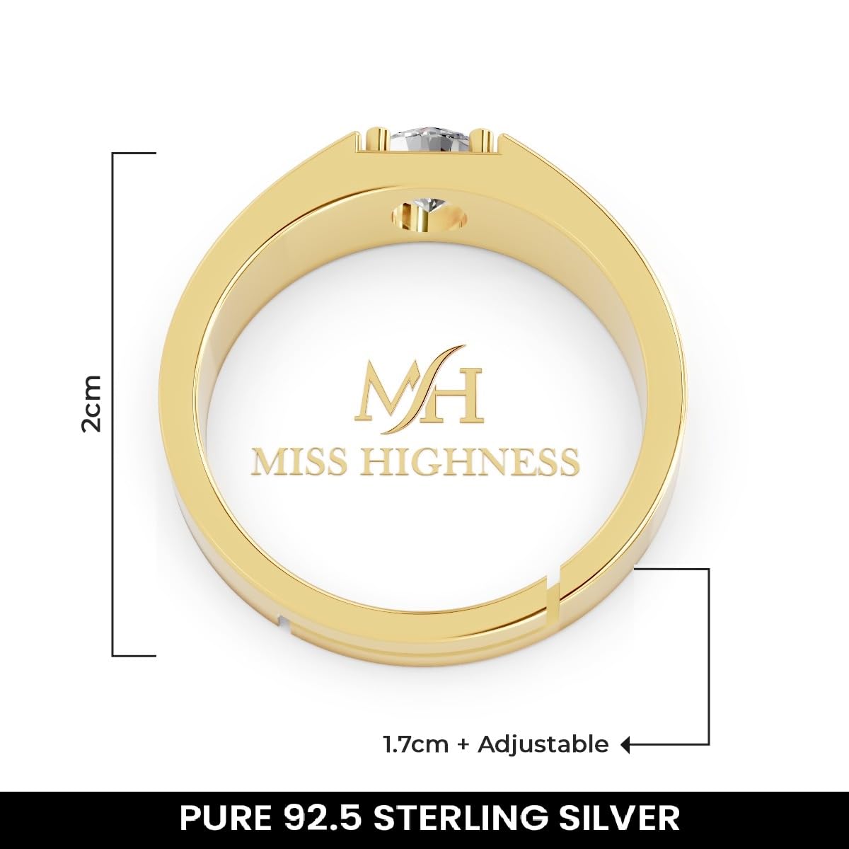 Miss Highness Pure 925 Sterling Silver Ring Rhodium Plated Minimal Jewelry Hallmark with Size Adjustable Birthday Wedding Anniversary Gift for Men and Boys (Gold Plated)