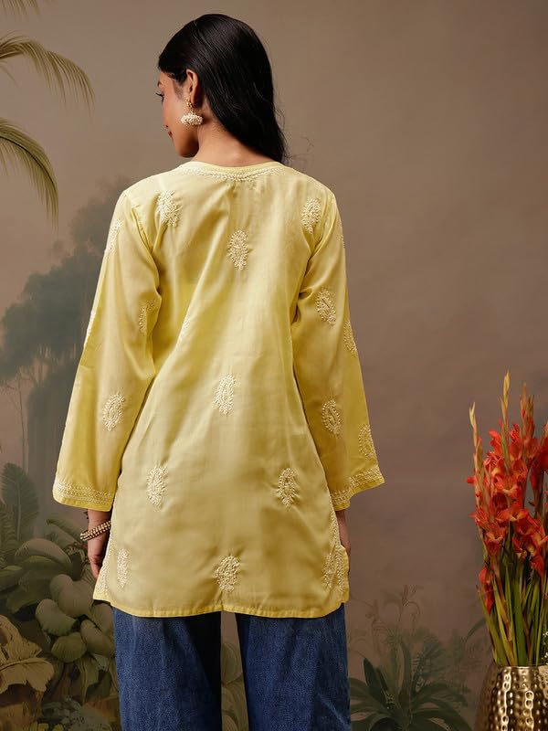 Ada Hand Embroidered Yellow Cotton Short Kurta Kurti Lucknow Chikankari Top Tunic for Women A911464 (2XL)