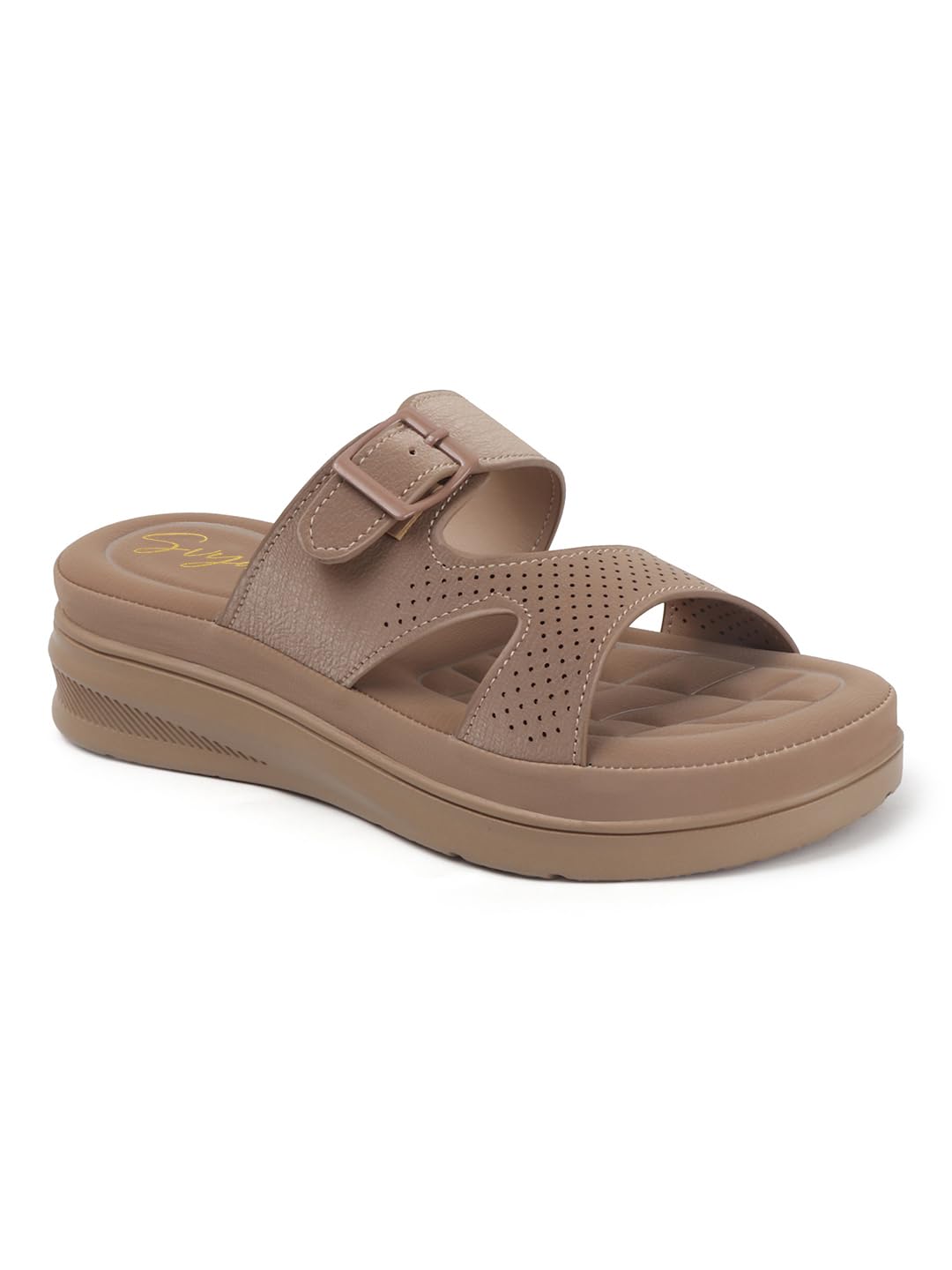 Women Slide Sandals with Perforated Upper and Buckle Detail for All-Day Comfort (Chiku, UK Footwear Size System, Adult, Women, Numeric, Medium, 4)