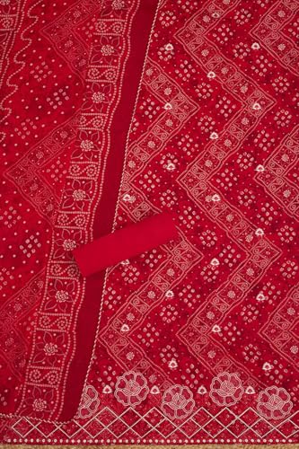 Soch Womens Red Rayon Bandhani Print Unstitch Dress Material With Sequins