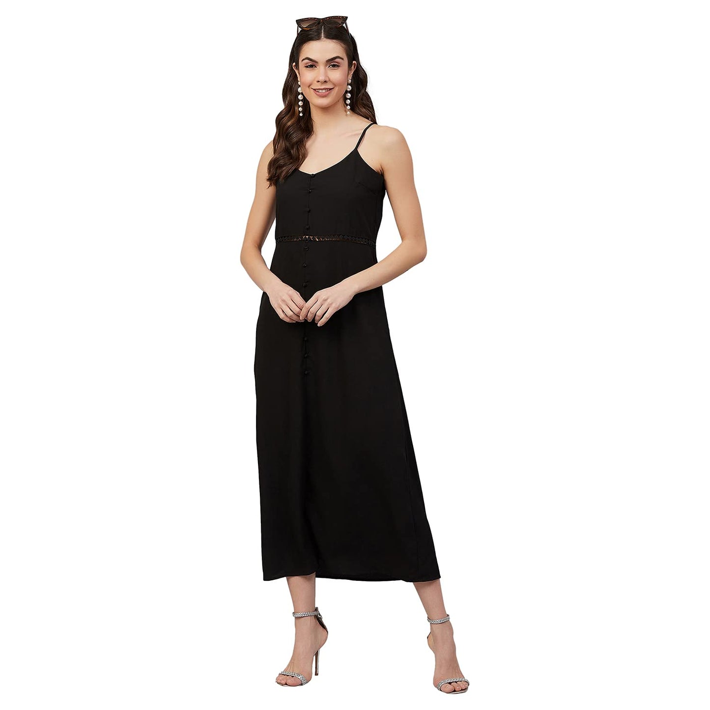 Calton London Women's Crepe A-Line Maxi Dress (CL075_Black_Medium)