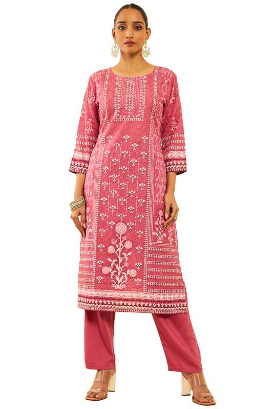 Soch Womens Onion Pink Cotton Blend Print With Embroidered Suit Set With Schiffli