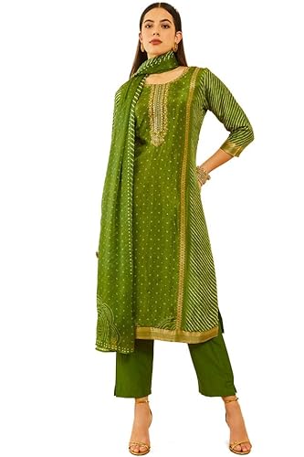 Soch Womens Green Brocade Bandhani Printed Suit Set with Mirror Work