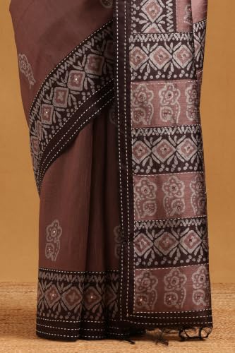 Soch Womens Earth Tussar Kantha Embroidered Saree With Faux Mirror