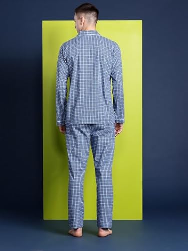 Hancock Men Checked Pure Cotton Night Suit Blue-S