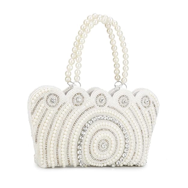 LONGING TO BUY Women's Tote Pearl Clutch Cutest Vintage Style Pearl Tote Wrist Bag Evening Clutch Purse (White Chakri, Zite 10" X 6" Inch)