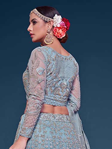 Zeel Clothing Women's Sea Blue Zari and Embroirery Work Net Semi-Stitched Lehenga Choli Material (7906-Sea-Blue-Wedding-Lehenga-Choli; Sea Blue),2 Meters