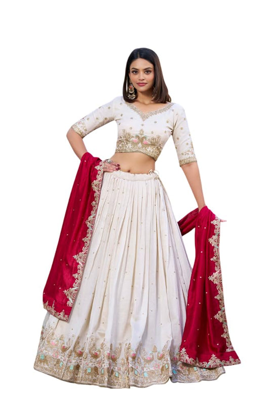 JIHU CULTURE Off-White Vichitra Silk Fabric Thread Embroidery Work Semi Stitched Lehenga Choli With Dupatta Set For Women, 44