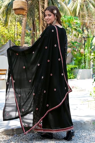 Miss Ethnik Women's Black Faux Georgette Stitched Gown with Embroidered Dupatta Full Sleeve Embroidered A-Line Gown (ME-1304-Black-XL)