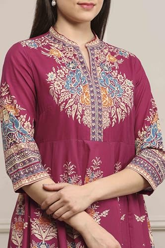 Biba Women Magenta Cotton Kalidar Printed Kurta Pants Set_36