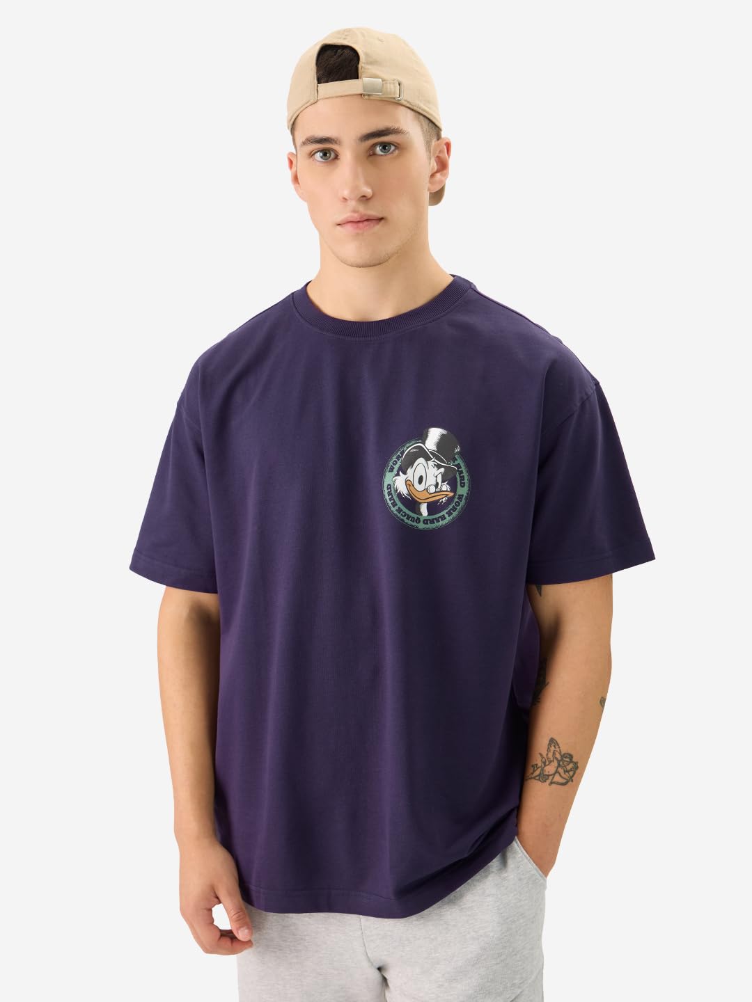 The Souled Store Official Disney: Quack Hard Men and Boys Short Sleeve Round Neck Purple Cotton Oversize T-Shirt
