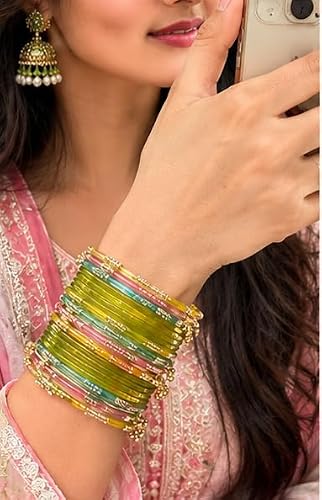 MEHNDI Colour Jelly Glass Bangles Set with Gold-Tone Floral Charms, Kashmiri bangles.