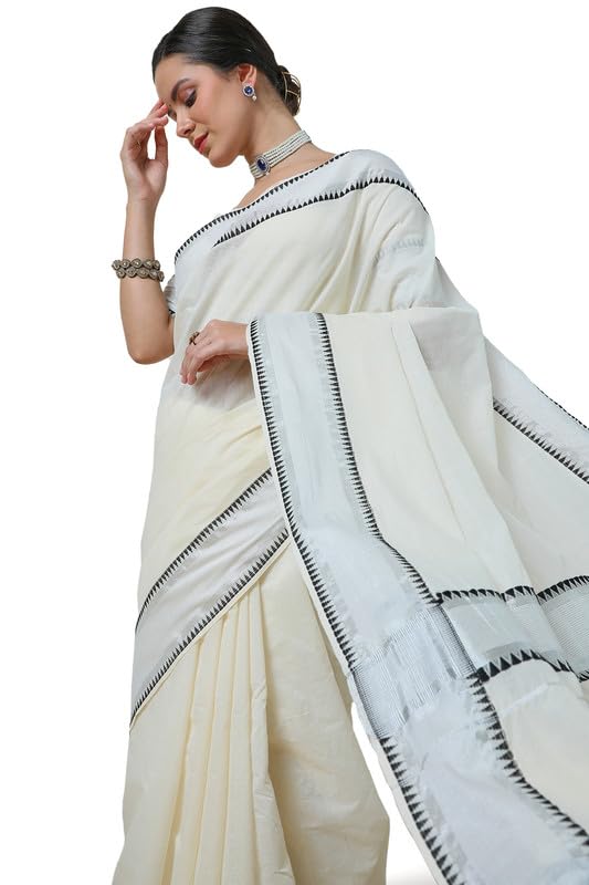 Soch Womens Cream Cotton Blend Woven Design Kasavu Saree With Tassels