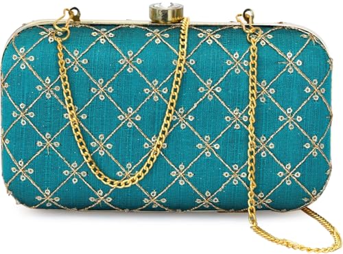 TOOBA Turquoise Velvet Embroidered Jaal Clutch Bag – Ethnic Handcrafted Purse with Gold Chain Strap for Women, Ideal for Festive