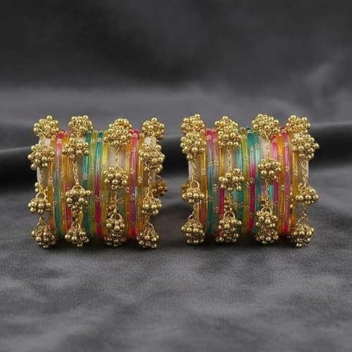 BANGLESKART 16pc Multi Color Glass Bangles Set Viral Kashmiri Ghungroo Chuda with Heavy Gold Guchha Charms Traditional Jewelry for Women (Multi Color, 2.2)