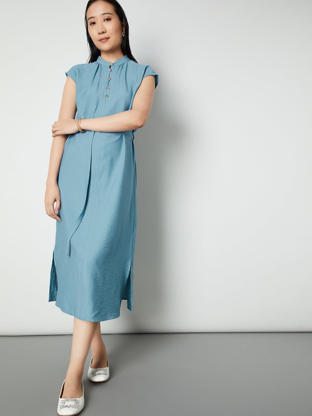 Max Women Textured Belted Midi Dress (Blue_S)